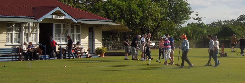 The clubhouse with its STEPHENS sign beside the lawn