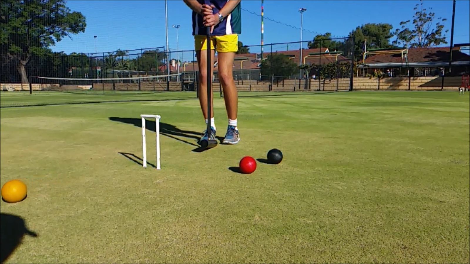 Red, black and yellow balls beside a hoop on a sunny lawn